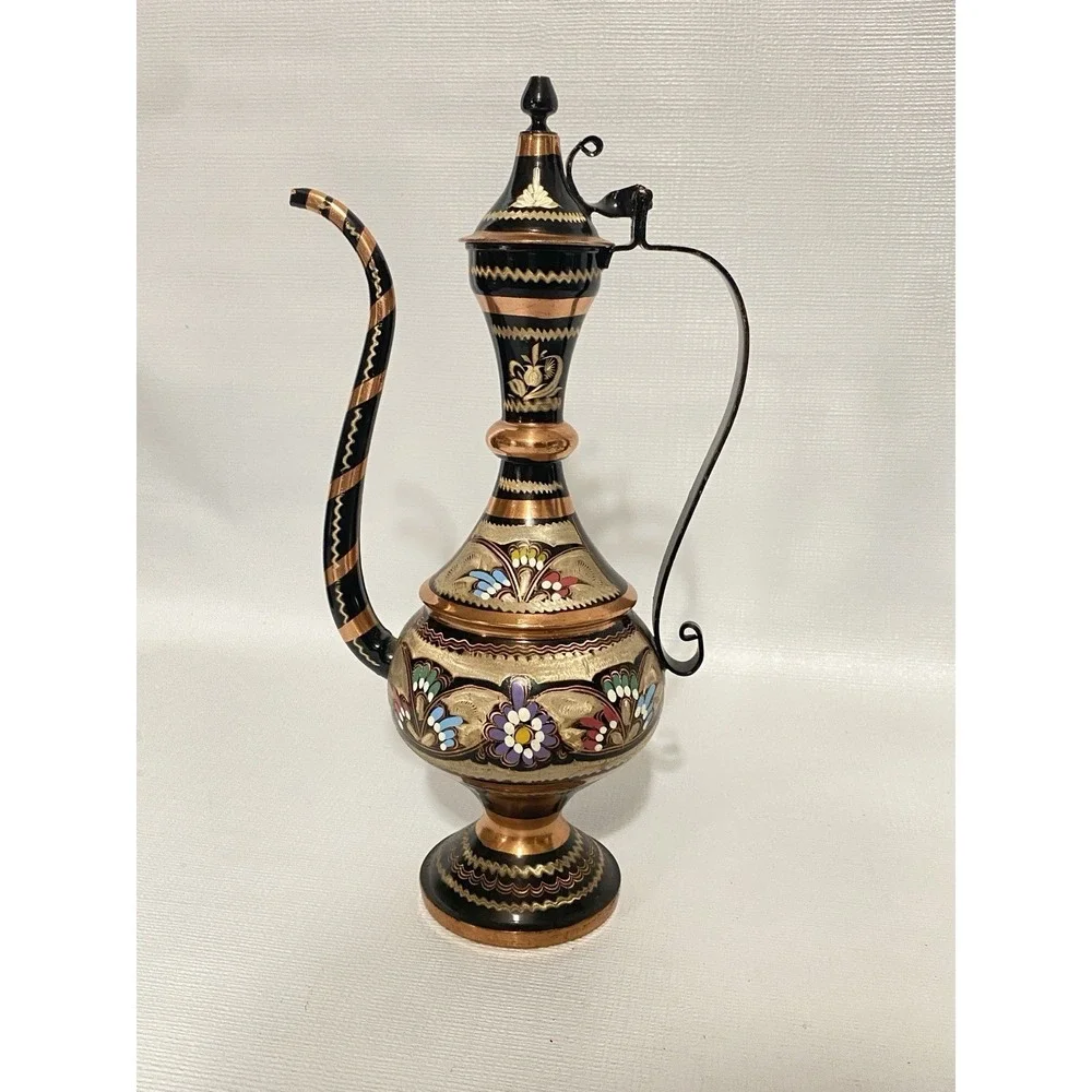 Vintage Ibrik Copper Ewer Pitcher Hand Painted Floral‎ Gold Coffee Tea